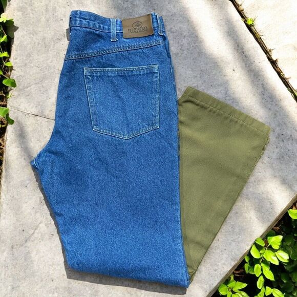 Redhead Vintage Outdoors Hunting Denim Blue Jeans With Tan Chaps Men's 36 x 32 - Picture 1 of 10